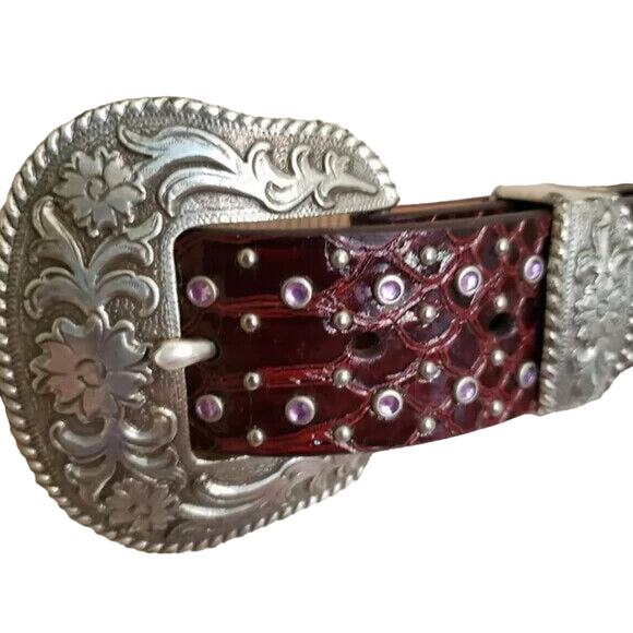 Ariat Burgundy Leather Bling Belt 28 Crystal Reptile Print Tooled Buckle Western - Picture 7 of 11